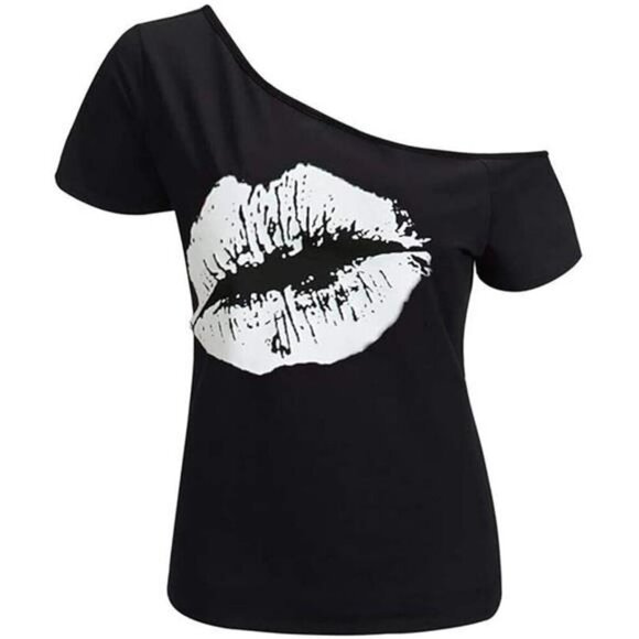 Plus Size Off Shoulder Lips Print Top Casual Short Sleeve Graphic T Shirt - Picture 8 of 8